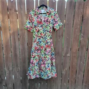 JG Hook Women’s‎ 18W Dress Linen Floral Fit & Flare Midi Belted Short Sleeve